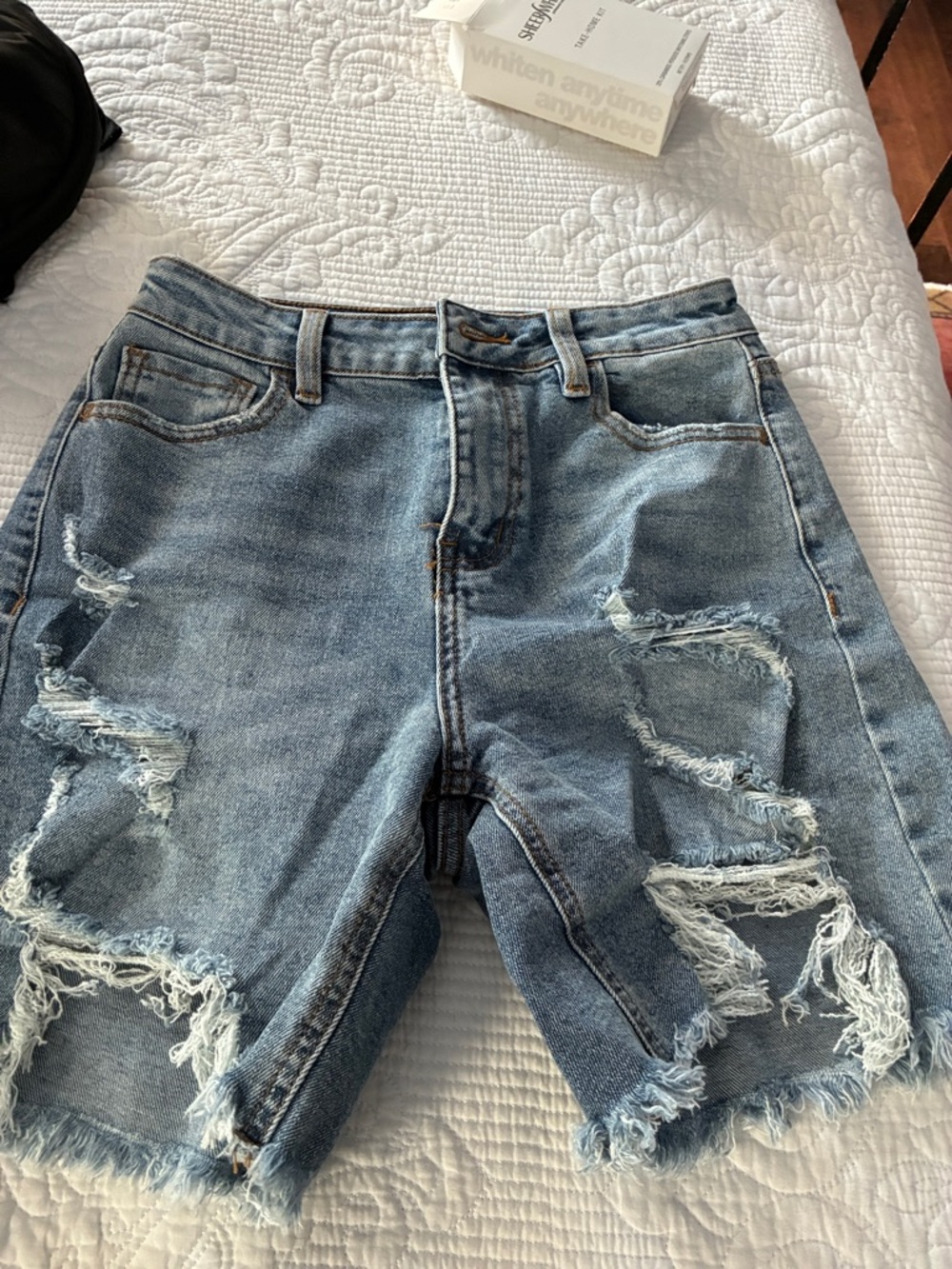 Distressed Denim Bermuda Shorts - Light Blue